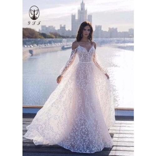 New Arrival Vestidos De Novias Spaghetti Strap Long Sleeve Lace A Line Country Wedding Dresses 2020