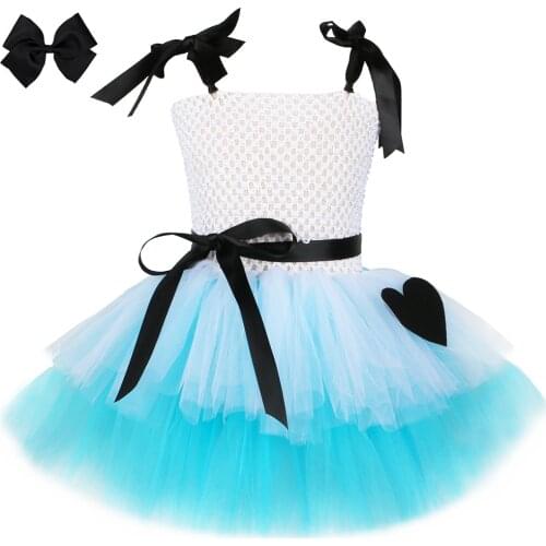 Girls Alice Princess Tutu Dress Blue & White Kids Tulle Dress Ball Gown with Hairbow Heart Kids Halloween Birthday Party Costume
