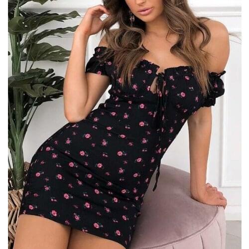 Women Casual Beach Dress Summer Off Shoulder Floral Printing Mini Sundress Ruched Tie Up Sexy Bodycon Dress Female Party Club