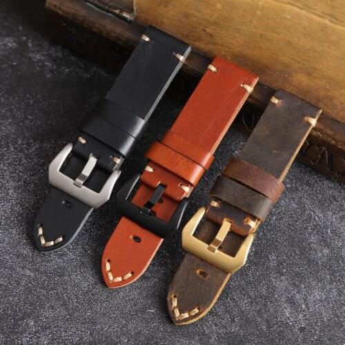 Hand-Folded Leather Watchband, 20 22 24 26MM For PAM111 441 Brown Men First Layer Calfskin Strap No Interlayer