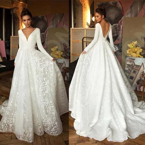 Robe De Mariee Vintage Long Sleeve Lace Satin Wedding Dress Sexy Depth V Cut Backless Bride Dress For Wedding Vestido De Novia
