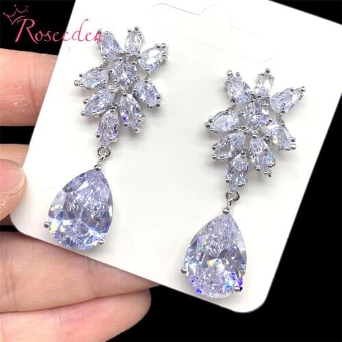 Luxury Flower Shape Cubic Zirconia Long Dangle Drop Earrings for Brides Wedding Jewelry RE4325