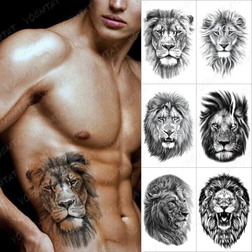 Black Lion Temporary Tattoo Sticker For Men Women Wolf Lightning Tiger Rose Waterproof Fake Henna Wild Animal Body Art Tatoo Dec