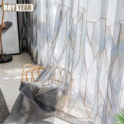 Grey Gold Geometric Tulle Curtain for Bedroom Nordic Embroidered Delicate Translucent Balcony Window Treatment Tenda zh055C