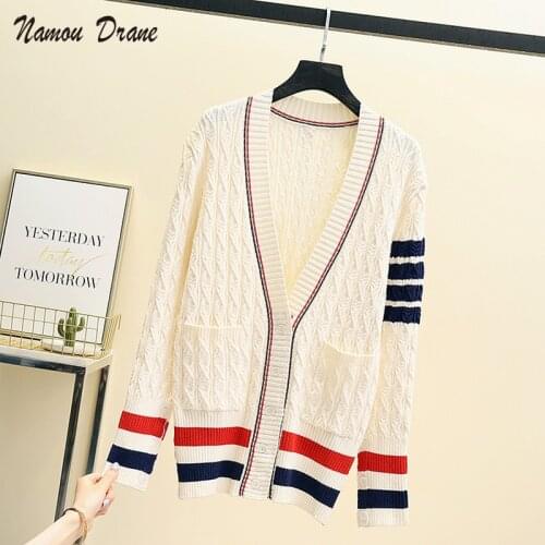 Knitted Cardigan Womens Autumn/winter 2021 New Fashion Contrast Color Striped Twist Sweater College Style Coat Jacket Trend