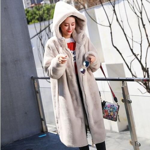 High Quality Winter New Thick Warm 3 Color Hooded Long Rabbit Fur Coat Women Overcoat Loose Zipper Faux Rabbit Fur Jacket Female