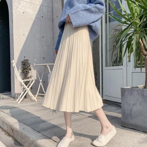 Autumn Winter Women Midi-Calf Knitting Elastic Waist Casual Skirts Girls High Waist A-Line Elegant Solid Color Skirt DS292