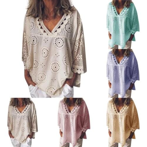 2021 hot style womens oversize casual cutout embroidery solid color V-neck blouse