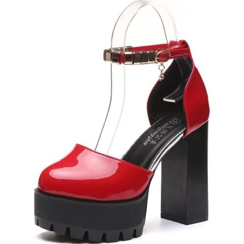 Ladies Cosplay Shoes Summer Thick Waterproof Platform 12cm High Heel Word Buckle Sandals Patent Leather Red Wedding Shoes