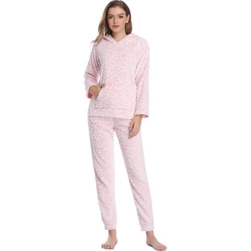 Women Spring Leopard Pajamas Set Pink Pyjamas Women Warm Teddy Fleece Sleepwear Two Pieces Hooded Pajamas For Women