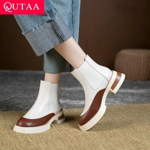 QUTAA 2022 Ankle Boots Autumn Winter Round Toe Mixed Color Short Boots Cow Leather Square Heel Concise Women Shoes Size 34-40