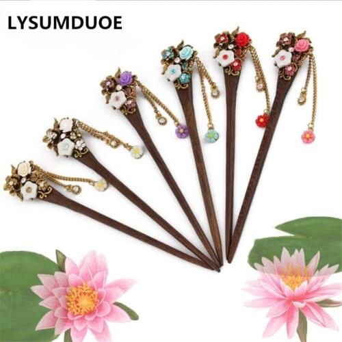 Women Chinese Hairpin Upscale Wood Hair Sticks Handmade Vintage Crystal Hairgrip Flower Barrette Jewelry Girl Hair Accessories