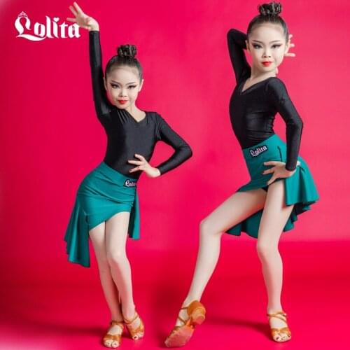 Girls Latin Dance Skirt Suit Sexy Black Long Sleeved V-Neck One-Piece Top Irregular Short Skirt Latin Competition Professional