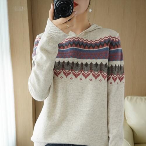 New hooded 100% pure wool sweater women autumn and winter self-cultivation pullover color matching long sleeve cashmere sweater