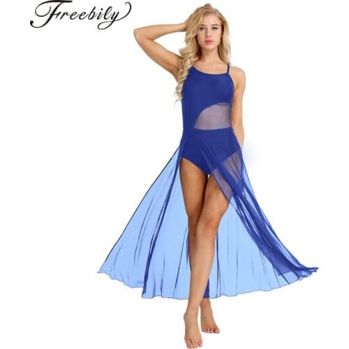 Women Sleeveless Asymmetrical Mesh Ballet Dance Maxi Dress with Built-In Leotard Ballerina Stage Lyrical Dance Costumes