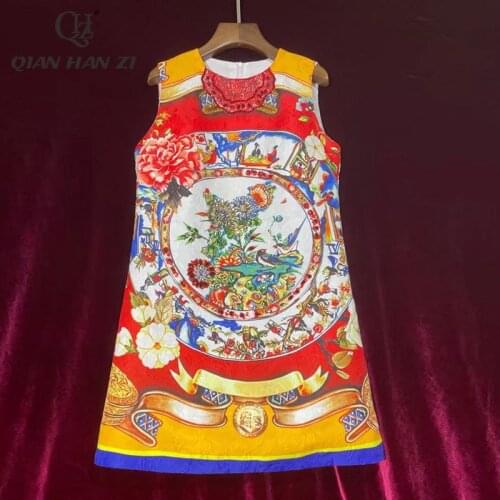 Qian Han Zi designer fashion summer dress Women vest dress vintage pattern printing Crystal bead Straight dress