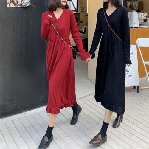Womens Pleated Maxi Dress V-neck Knitted Dress Long Sweater Dresses Women Clothing Autumn Winter Fashion