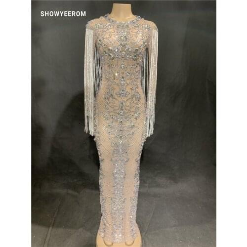 Woman Perspective Mesh Sparkly Crystals Long Dress Evening Party Rhinestones Dresses Birthday Celebrate Costume Fringes Dress