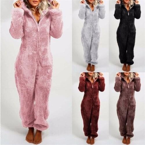 Winter Keep Warm Womens Plush Romper Sleepwear Pajamas Long-Sleeve Zipper High Neck Hooded Ladies Girl’s Clothes