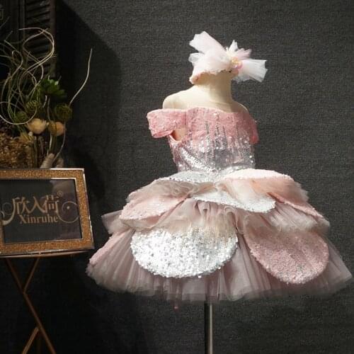 100% Real Photo Girls Dresses Glitter Lace Up Back Kids Clothes Toddler Girl costume Children Birthday Gown Pageant Dress