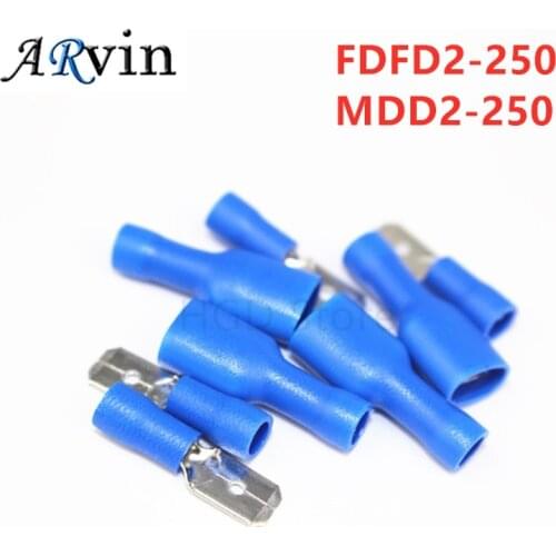 100pcs 50pairs 6.3mm 16-14AWG Female+Male Electrical Wiring Connector Insulated Crimp Terminal Spade Blue FDFD2-250 MDD2-250
