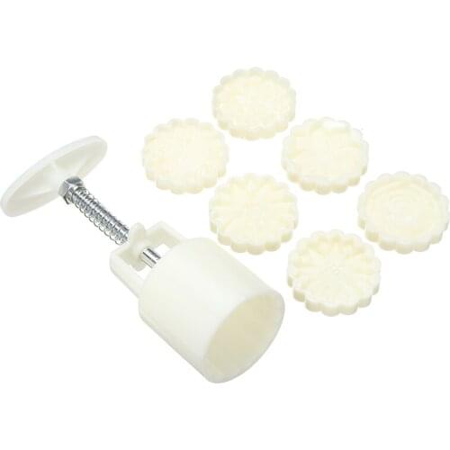 50g Plastic Hand Press Mooncake Mold + 3D Lotus Flower Pattern Stamp Cutter DIY Ice Skin Mooncake Pastry Maker Reusable