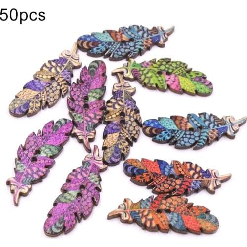 50Pcs Feather Shape 2 Holes Wooden Buttons for Sewing Scrapbooking Card Making
