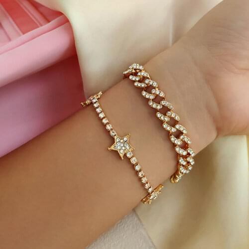 2Pcs/set Punk Miami Cuban Link Chain Rhinestone Bracelets for Women Fashion Shiny Star Crystal Chain Bracelet Iced Out Jewlery