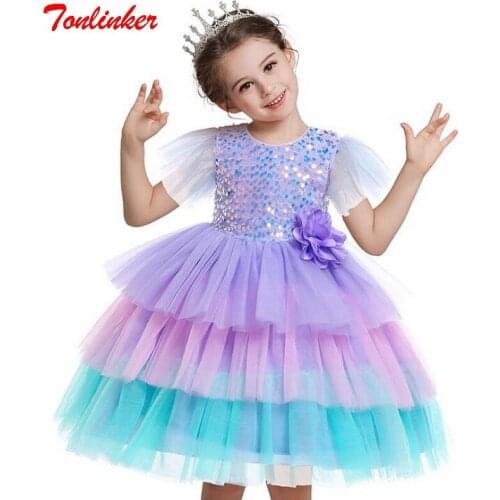Kids Summer Dresses For Girls Sequins Flowers Princess Cake Dress Baby Flying Sleeve Party Rainbow Vestidos Children Clothing