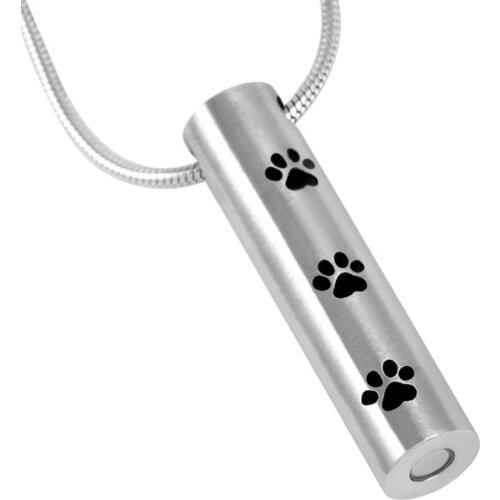 IJD2473 Pet Paw Print Cylinder Cremation Jewelry for Ashes Pendant Stainless Steel Keepsake Memorial Urn Necklace for Men Women