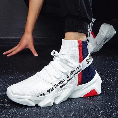 Hard-wearing Men Sport Shoes Men High Top Sneakers Socks Mens Running Shoes Sports for Men White Knitting Baskets Jogging D-615