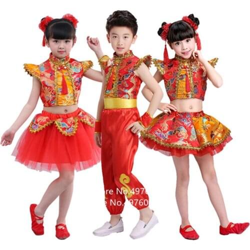 Chinese Traditional New Year Costumes Dragon Dance Kids Yngko Clothing Set Boy Girl Red Kungfu Wushu Tang Suit Hanfu Folk Dance