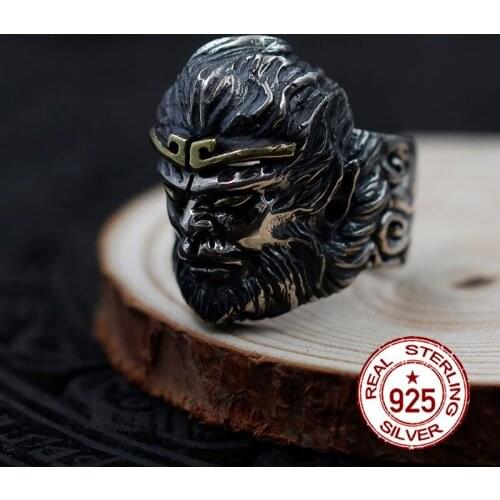 S925 sterling silver mens open ring personality retro classic style engraving Sun Wukong modeling gifts to send lover gift 2018