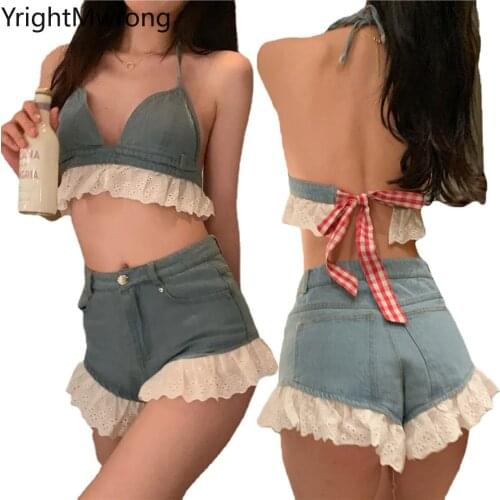 Two Piece Set Sexy Suit Frill Lace Ruffle Hollow Backless Tie Bow Strap Plaid Crop Top Bralette Bustier Bra Denim Short Jeans