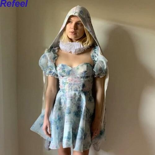 Sweet Women Romantic Flower Print Organza Dress Sexy Collar Puff Sleeve Party Princess Dress Ladies Summer Short Vestido