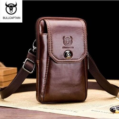 BULLCAPTAIN Mens Cowhide Fanny Waist Pack Hook Bag Genuine Leather Men Hip Belt Cell / Mobile Phone Case Shoulder Bags