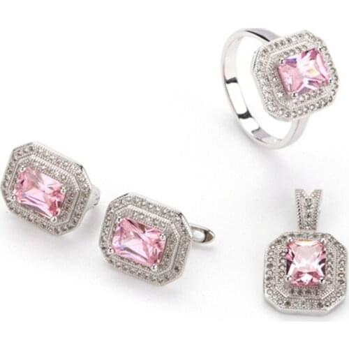 SHUNXUNZE luxury wedding jewelry sets for women dropshipping (ring/earring/pendant) Pink Cubic Zirconia Rhodium Plated R3240set