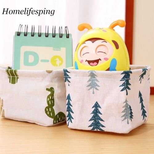 Mini Foldable Sundries Storage basket Cute Printing Cosmetics Container Cotton Linen Storage Basket Desktop organizer 10*10*9cm
