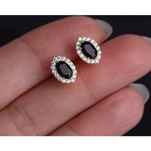 Vintage Female Crystal Black Oval Earrings Real 925 Sterling Silver Gold Stud Earrings For Women Cute Small Wedding Earrings