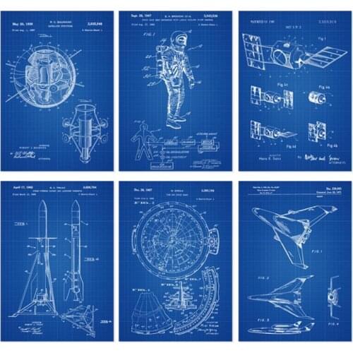 Vintage patent art prints on space exploration space suit rocket satellitesl wall decor 6 in 1 unframed