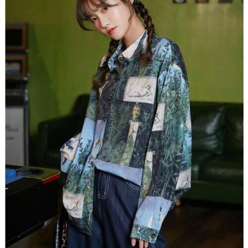 Women Printed Shirts Turn Down Collar Long Sleeve All Match Vintage Shirts Ladies Plus Size Top Clothes C604