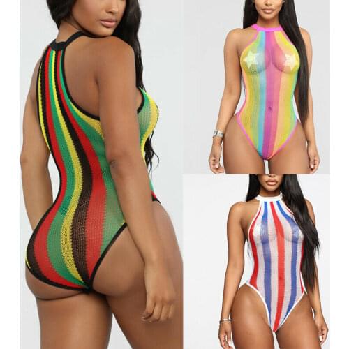 Women One Piece Stripe Swimwear Sexy Push Up Swimsuit See-through Bathing Bikini