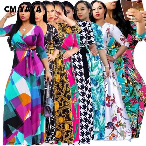 CM.YAYA Women Sexy Bodycon Dress Beach Bohemian Maxi Splicing Floral Print Sexy Club Party Long Sleeve Long Dresses