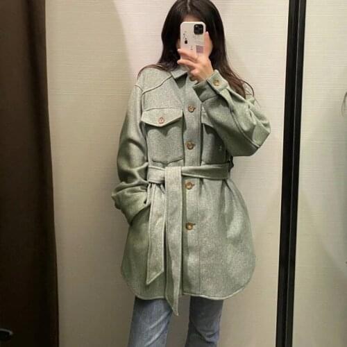 Spring Autumn Hot Sales Polyester Long Sleeve Women Coat Lapel Pure Color Lace-Up Cardigan Commuting Coat