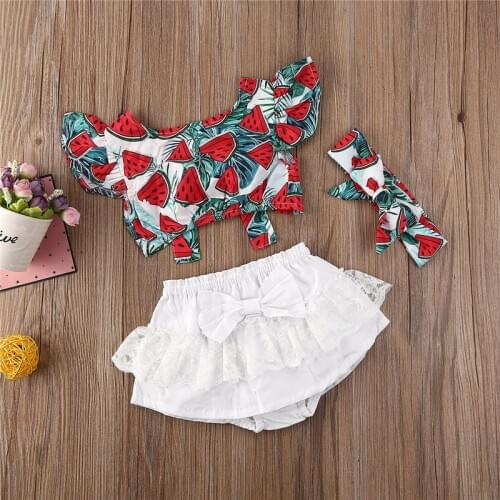 Newborn Baby Girl Clothes Watermelon print v-neck sleeveless vest Ruffle lace Tulle Shorts bow Headband 3pc Outfit