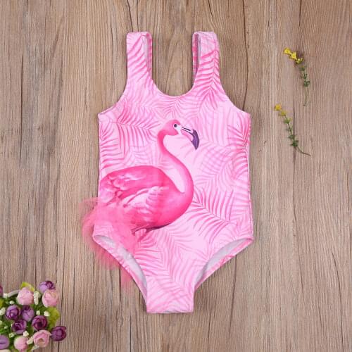 2021 Newest Arrival Little Girls One-piece Swimsuit Summer Children Cartoon Flamingo Printing Sleeveless Swimwear for Vacation