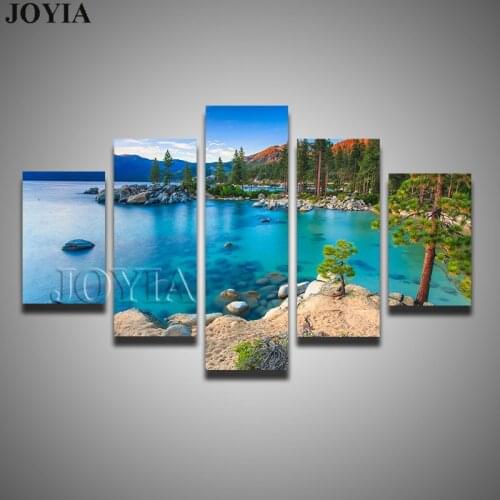 5 Piece Nature Paintings Lake Tahoe Sunset Sand Harbor Beach Canvas Pictures Decorative Art Photos For Living Room Wall No Frame