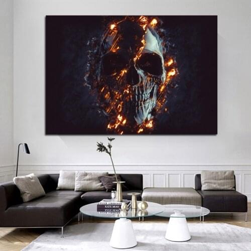 Dark Black Skull in Fire Abstract Canvas Painting Modern Skull Picture Posters and Prints Wall Art Picture for Room Decoration