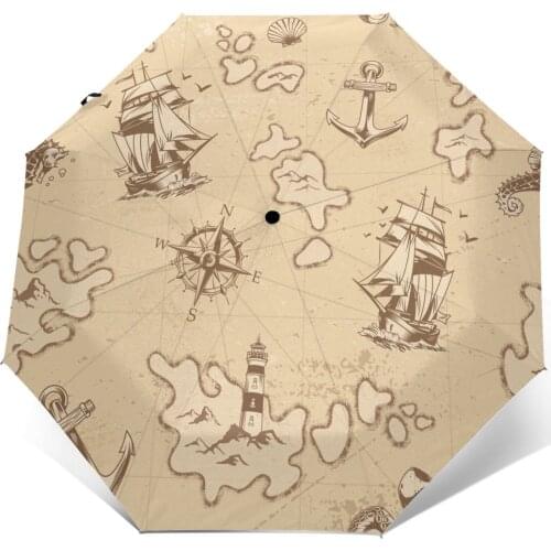 Automatic Umbrella Rain Women Three-folding Umbrella Vintage Nautical Print Windproof Umbrella Female Waterproof parasol