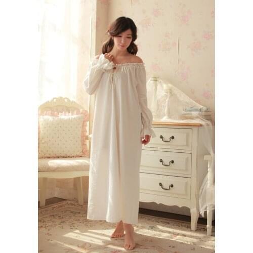 Free Shipping 100% Cotton Princess Nightdress Royal Nightgowns Long Pijamas Womens White Sleepwear pijamas femininos
